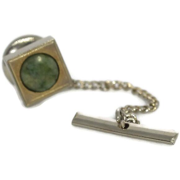 Vintage Gold and Green Stone Tie Tack with Chain, Vintage Men's Accessories - Picture 2 of 10